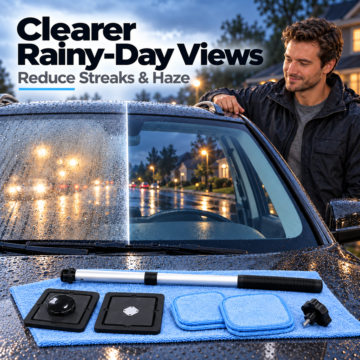 Windshield cleaning kit with storage case