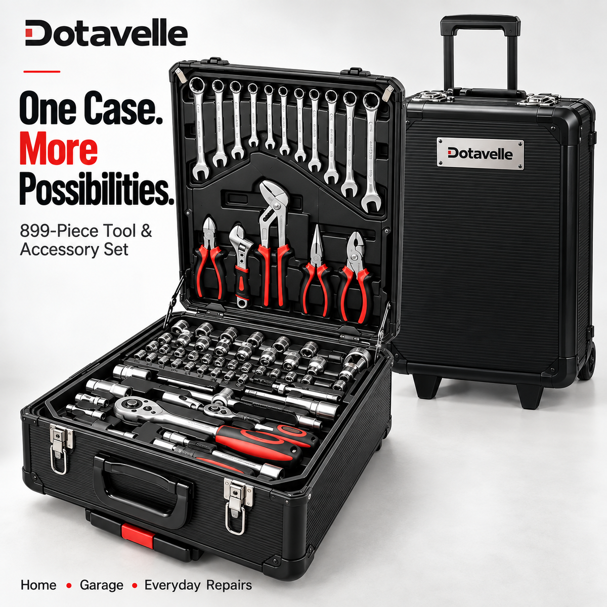 Black 899-piece complete tool set with rolling storage case