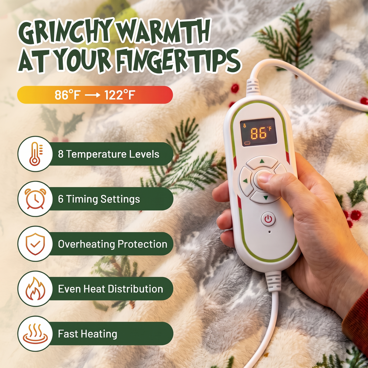 Heated robe controller showing eight temperature levels from 86 to 122 degrees Fahrenheit