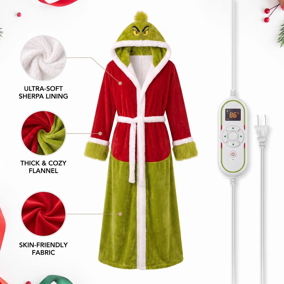 Heated sherpa robe with controller and close-up fabric details