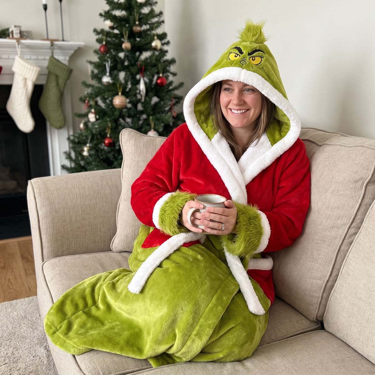 Woman relaxing on a sofa in the heated holiday robe