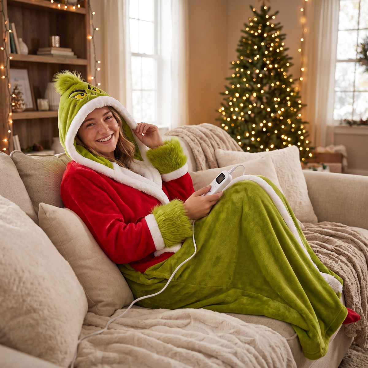 Woman using the heated robe controller beside a Christmas tree