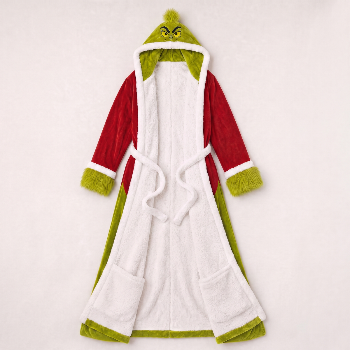 Red, green and white heated sherpa robe shown open on a light background