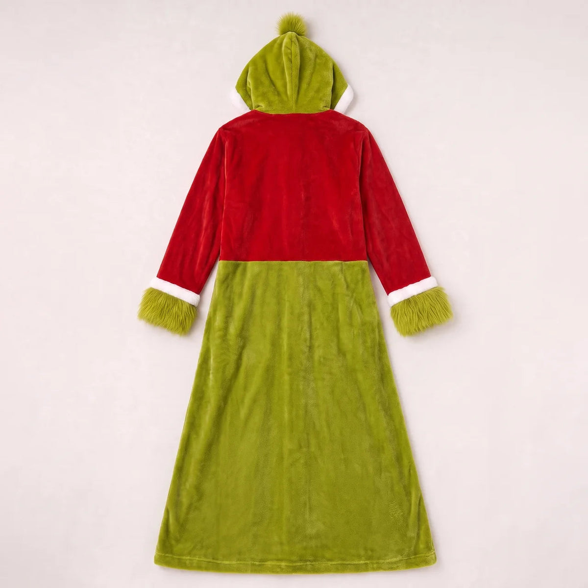 Back view of the red and green hooded heated robe